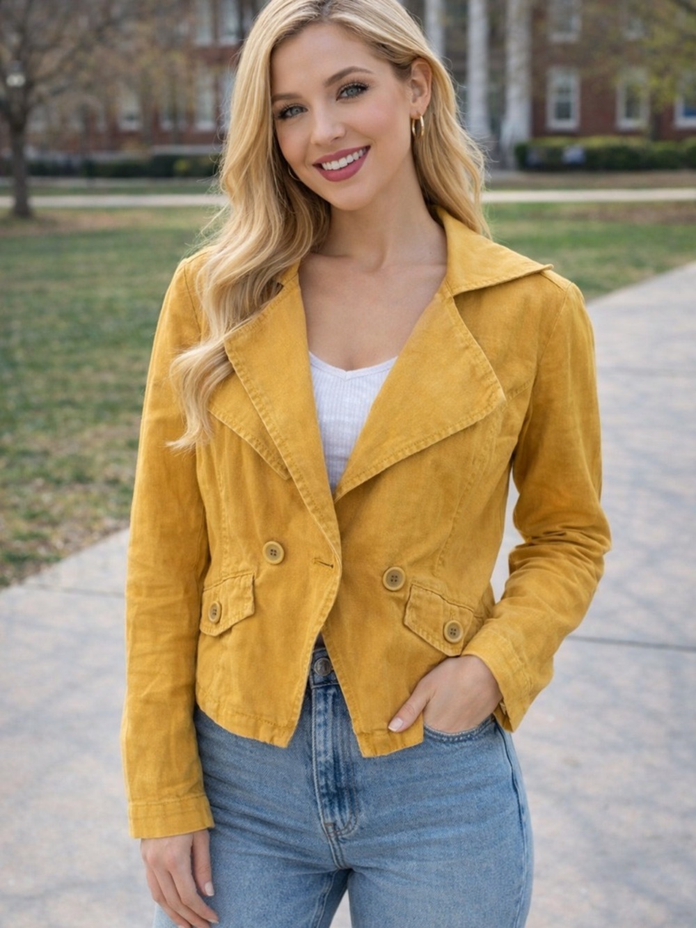 Sandwich Linen Blend Cropped Blazer Jacket Mustard Yellow EU 36 Chic